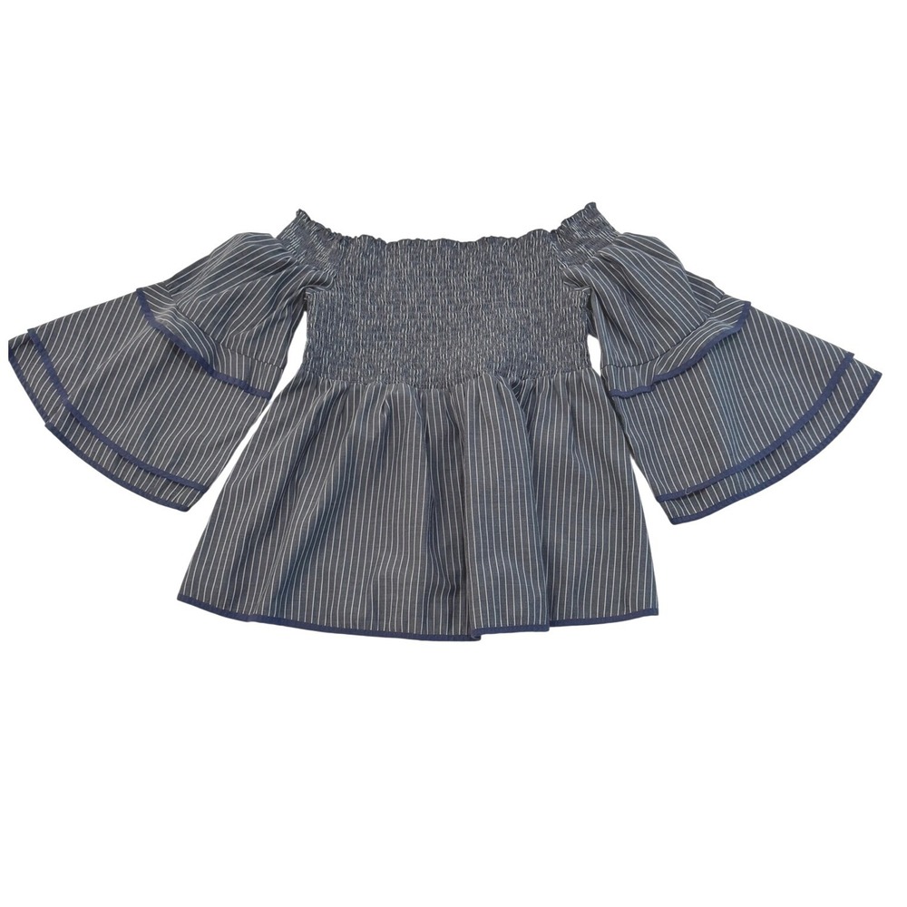 American Eagle‎ Women's Smocked Off Shoulder Pinstripe Tiered Bell Sleeve Top S